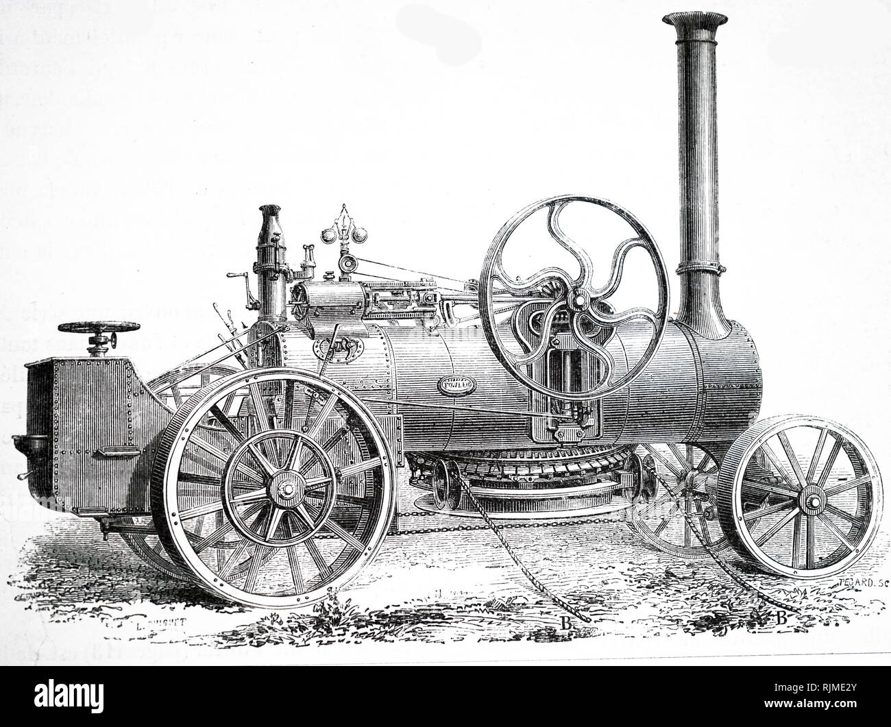 Illustration showing Steam locomotive used by Fowler in his mechanical ploughing system. circa 1862 Paris Stock Photo