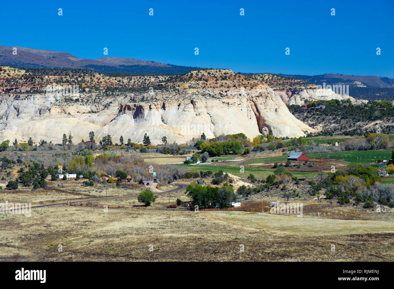 Seen from the Hogback Overlook on Highway 12, the farming community of Boulder, Utah, USA. Stock Photo