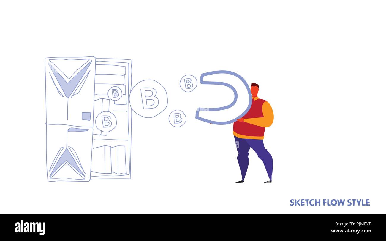 man holding magnet pulling bitcoin coins from mining farm server room crypto  currency concept attracting money sketch flow style horizontal Stock Vector  Image & Art - Alamy