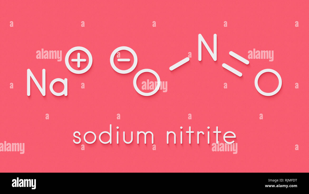 Sodium nitrite, chemical structure. Used as drug, food additive (E250