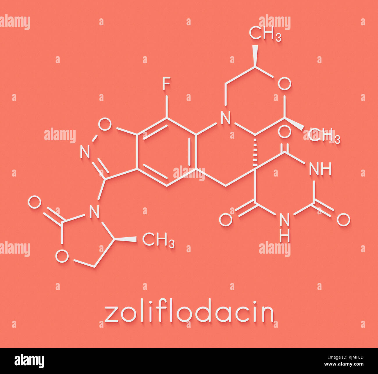 Zoliflodacin antibiotic drug molecule. Skeletal formula. Stock Photo