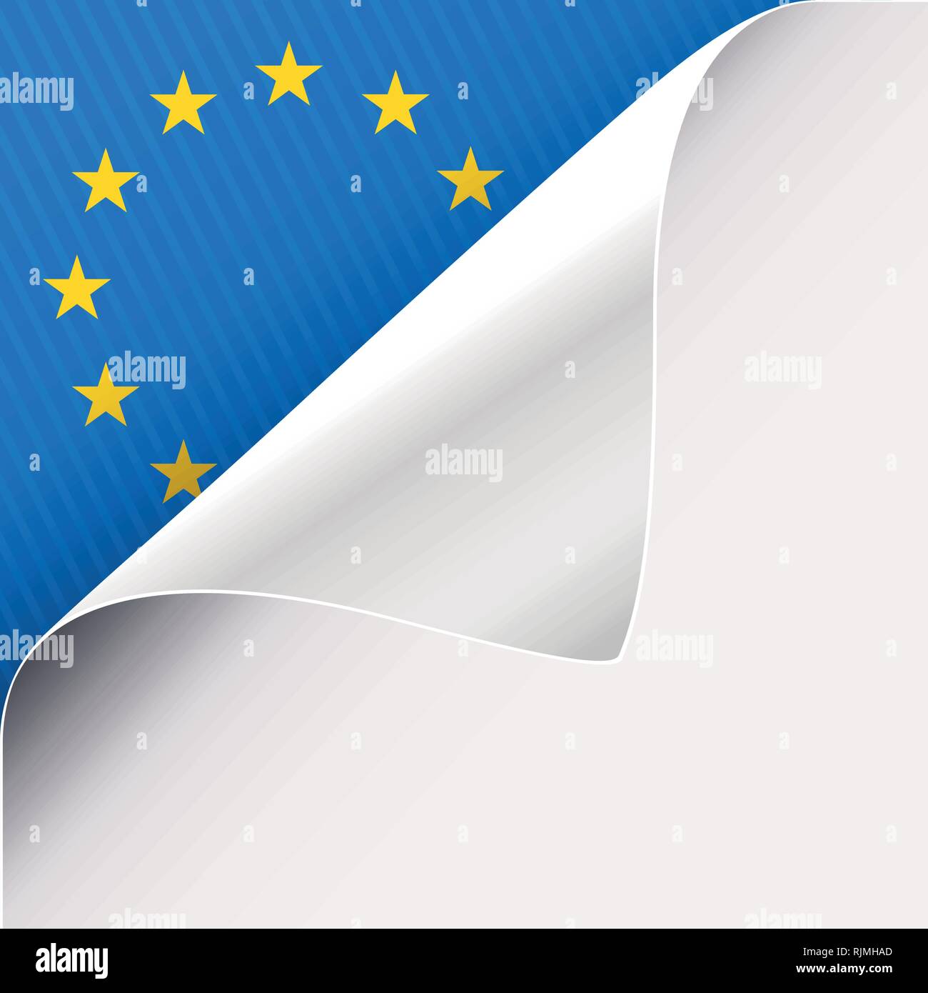Curled corner of white paper on a blue left top angle background with European Union sign. Vector illustration. Stock Vector