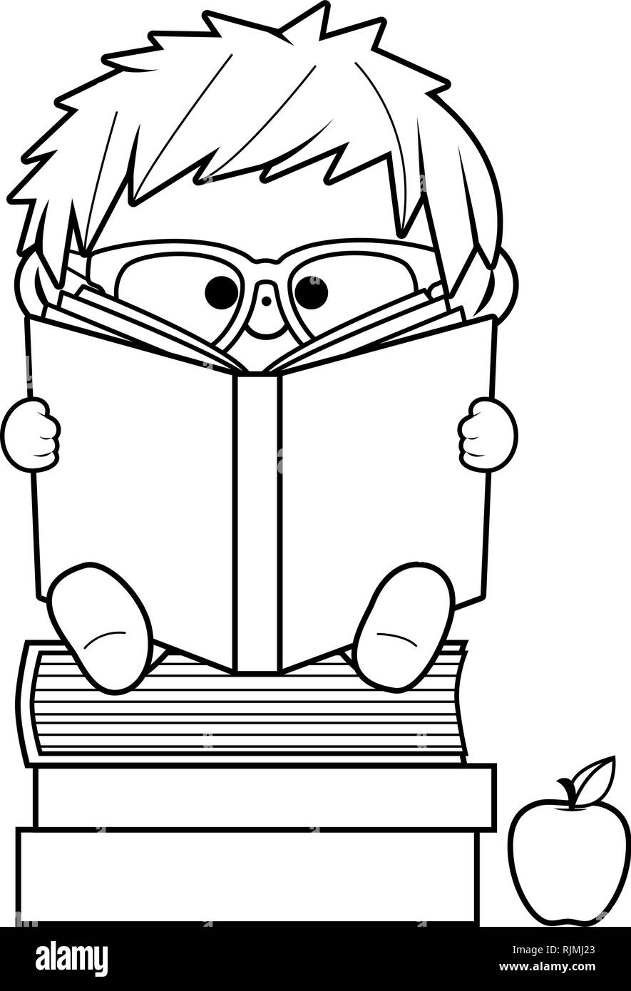 A child sitting on a stack of books and reading. Vector black and white coloring book page Stock Vector