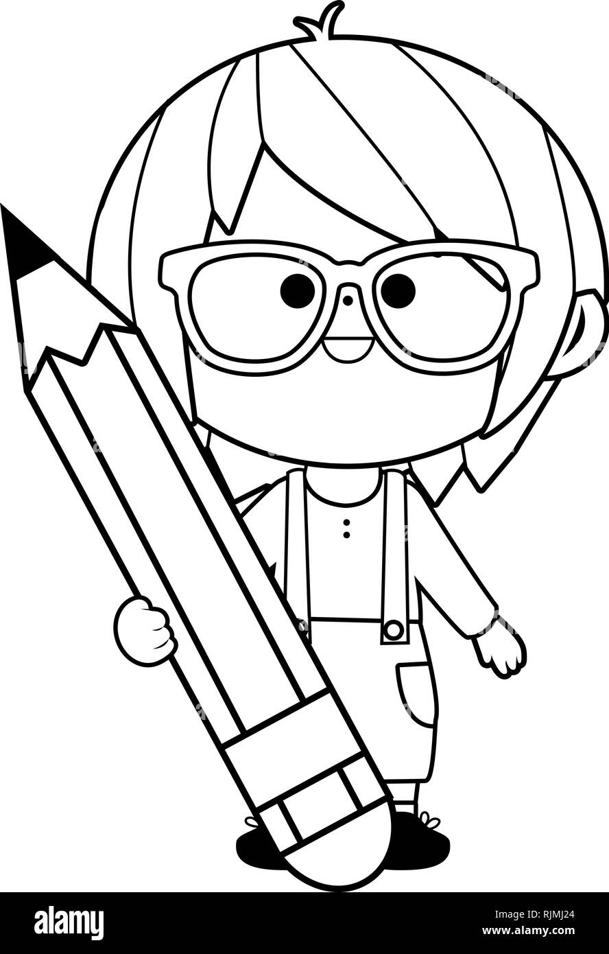 Little boy student holding a big pencil. Vector black and white coloring book page Stock Vector