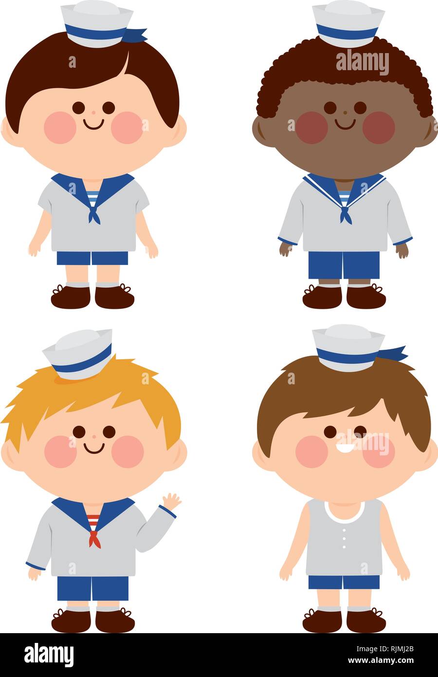 Diverse children dressed in nautical sailor outfits. Vector illustration Stock Vector