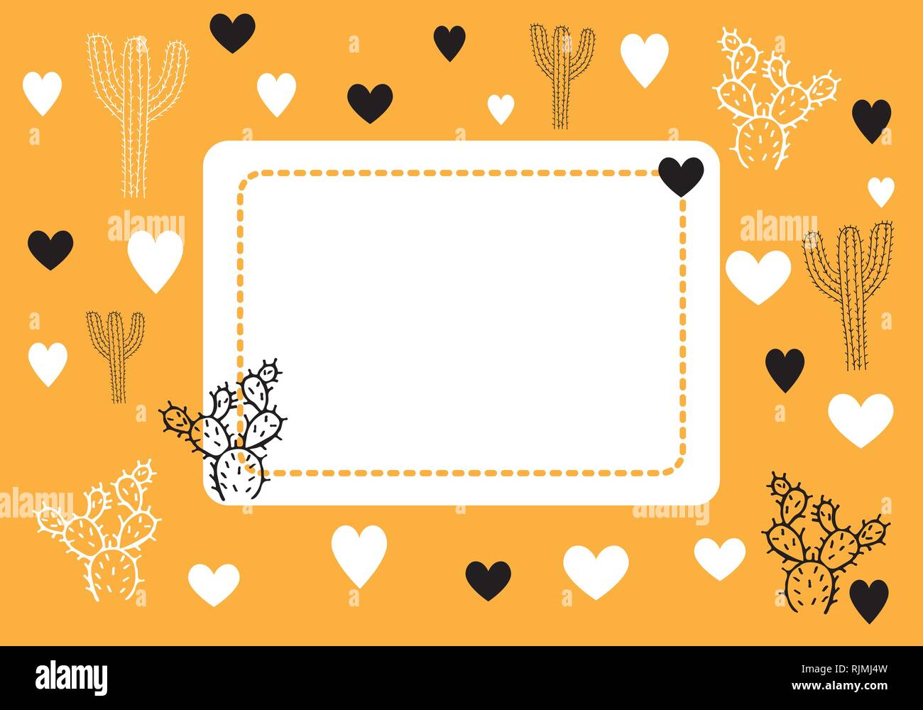 Cactus and hearts vector card template in orange, black and white color palette Stock Vector