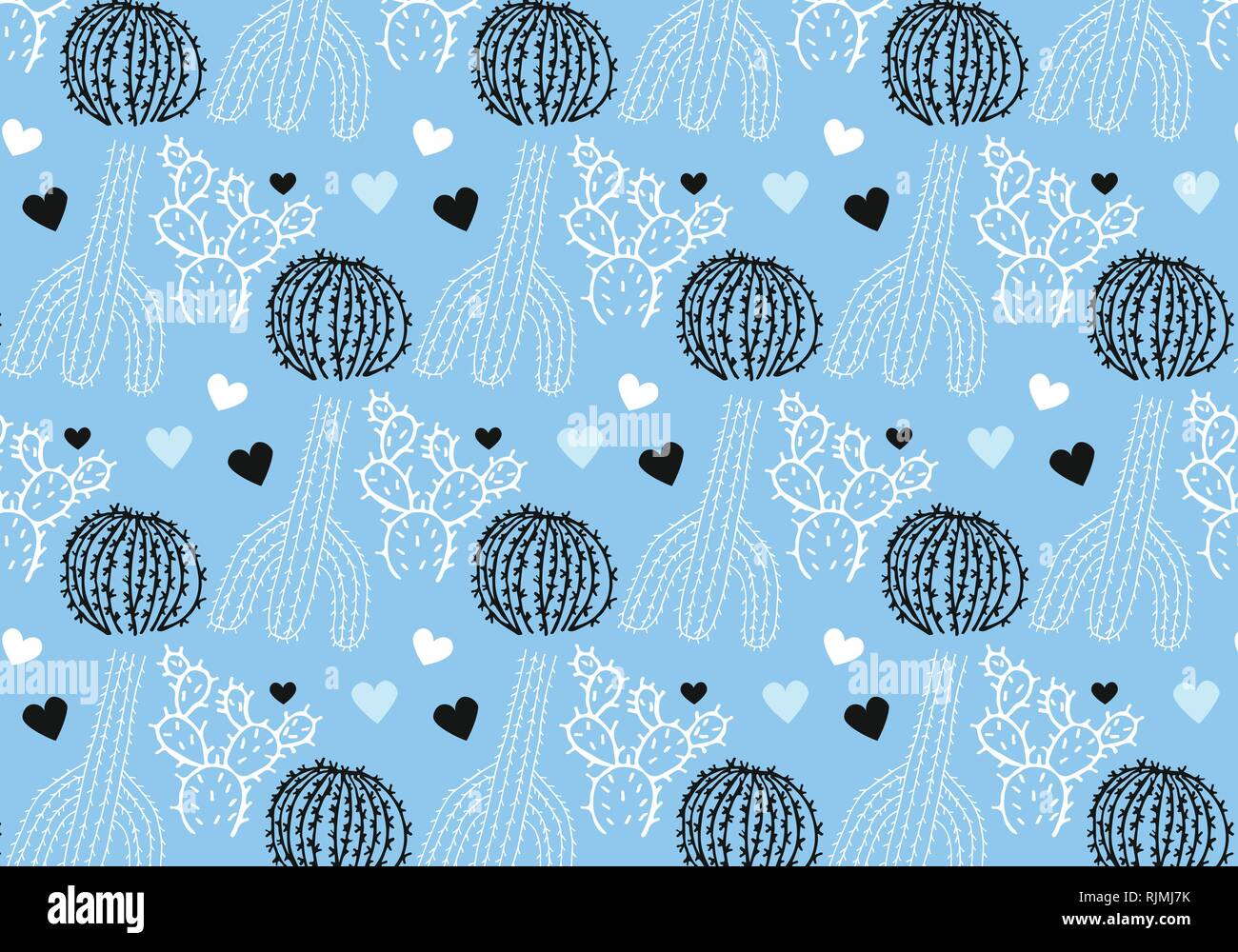 Cactus and hearts vector pattern in white, blue and black color palette Stock Vector