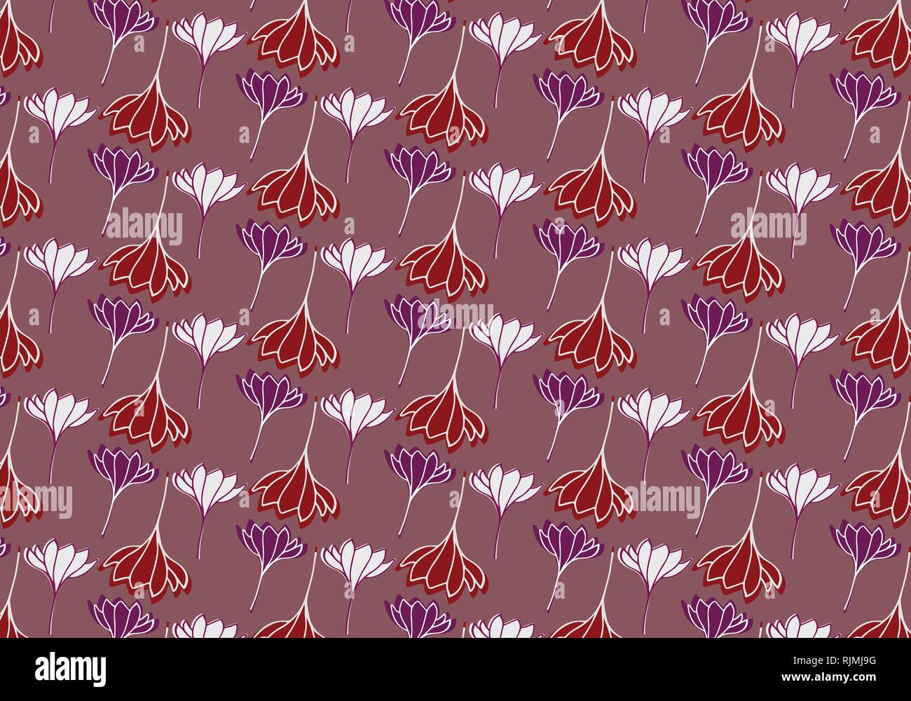 Floral elements vector pattern in purple, red and white color palette Stock Vector