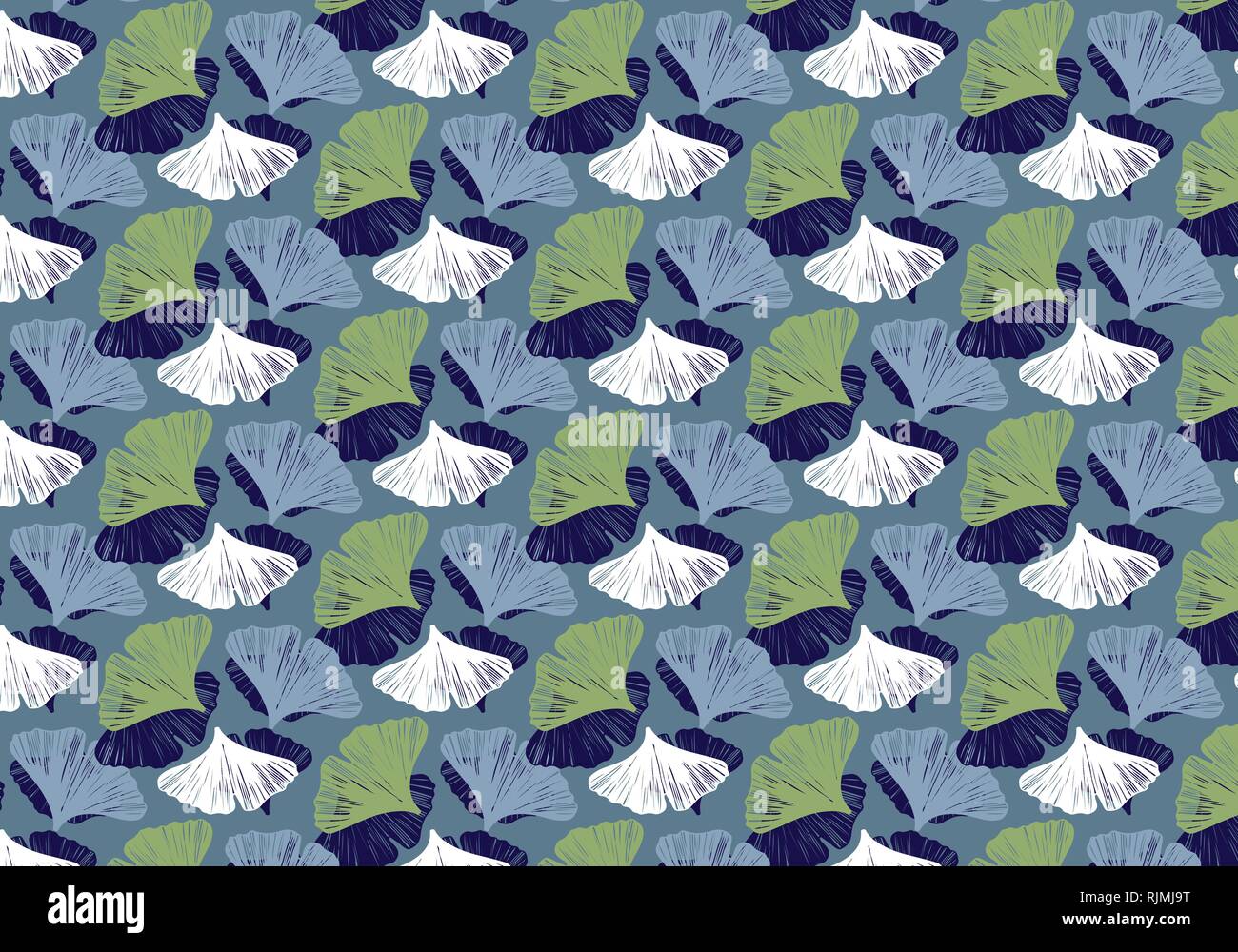 Ginkgo leaves vector pattern in blue, green and white colors palette Stock Vector