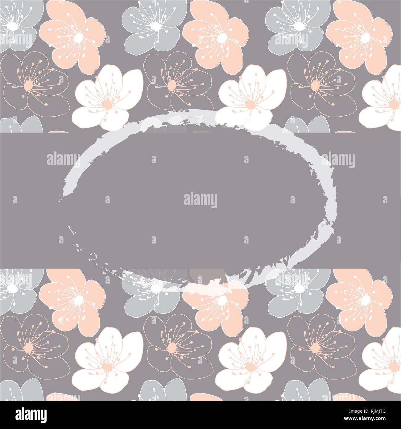 Cherry blossom flower vector pattern card template in a gray, pink and white color palette with a gray stripe and space for text Stock Vector