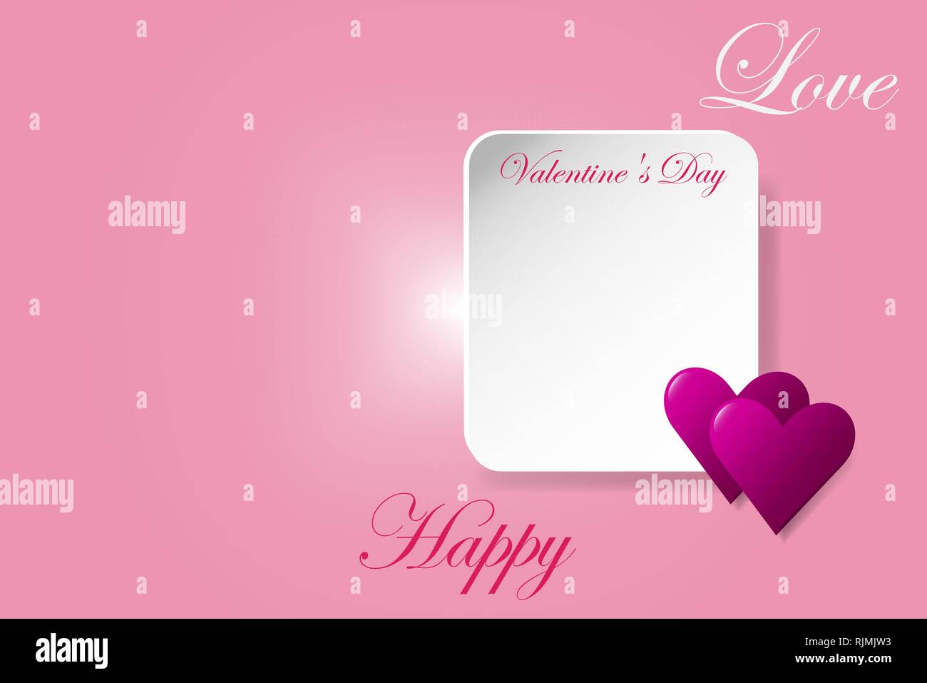 Empty white table with Valentines Day menu inscription is ready for your text. The vector is decorated by two trendy pink hearts in the right side and Stock Vector