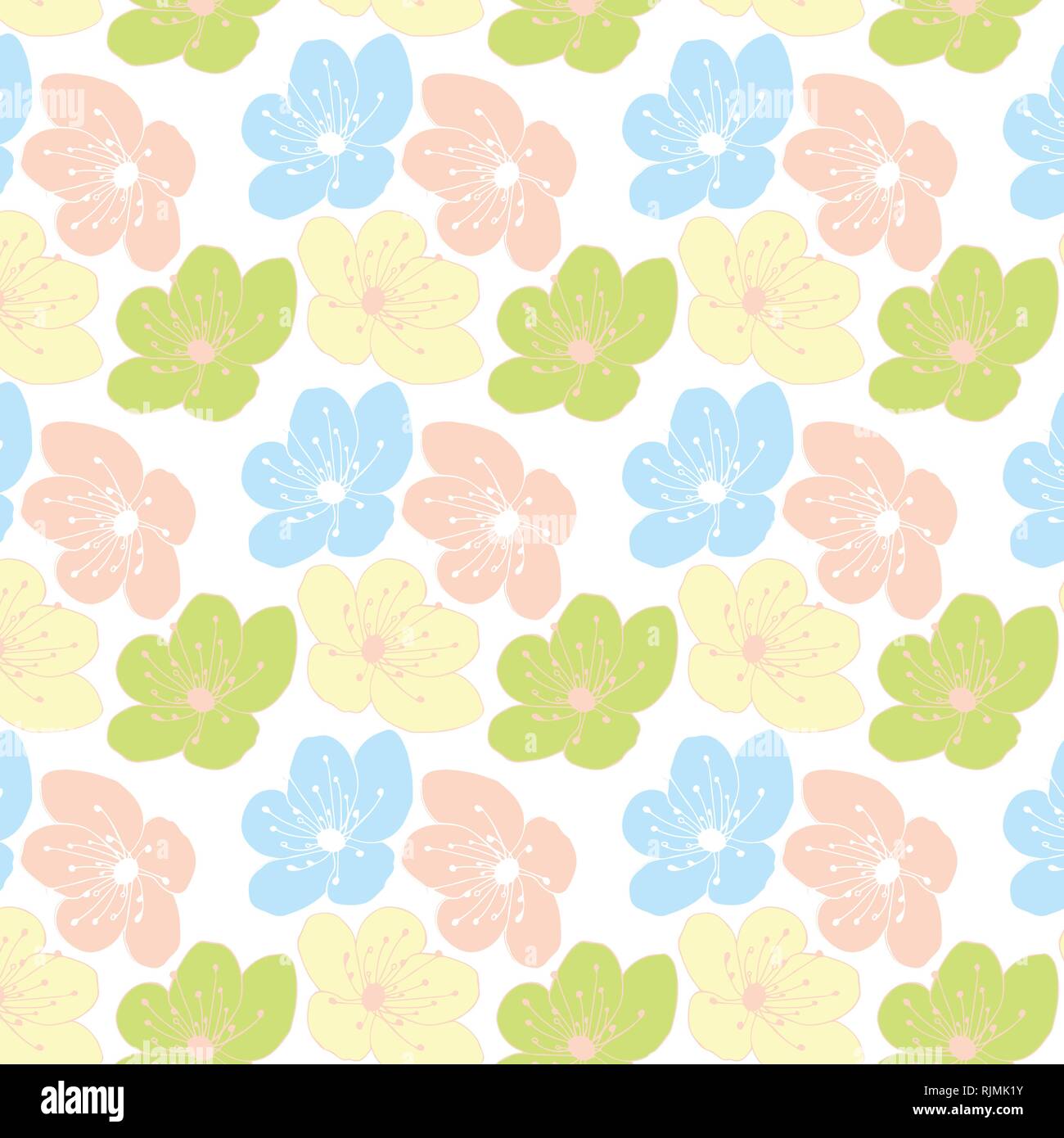 Cherry blossom flower vector pattern in a blue, yellow, pink and gray color palette Stock Vector