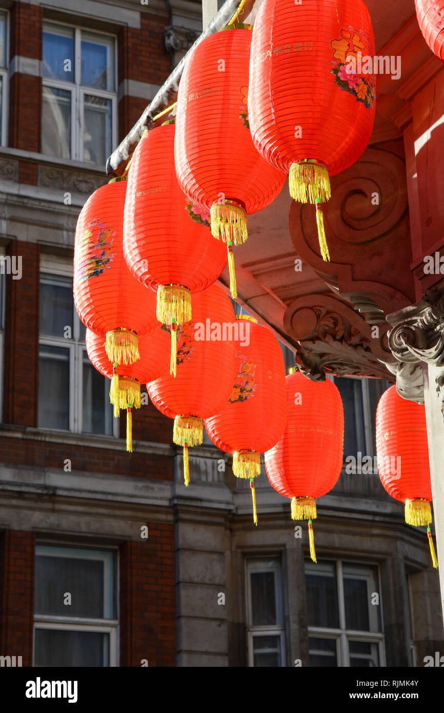 Year of the Pig Chinese New Year decorations in Soho, London, UK Stock Photo