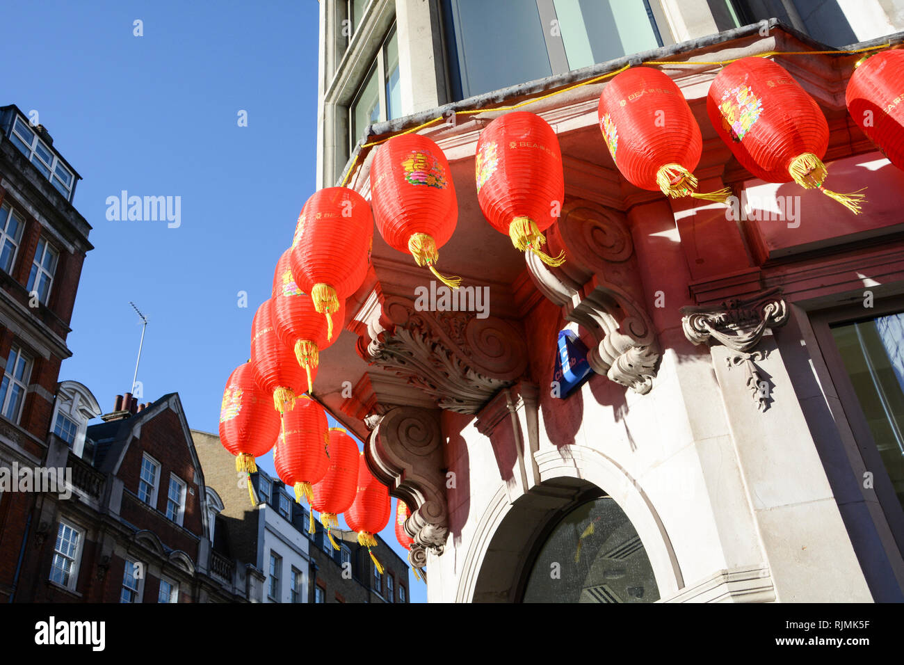 Year of the Pig Chinese New Year decorations in Soho, London, UK Stock Photo