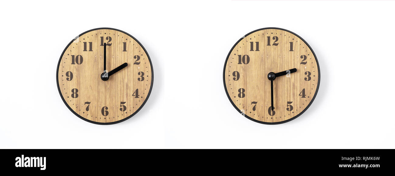 wood office wall clock with white dial on white background. wall clock