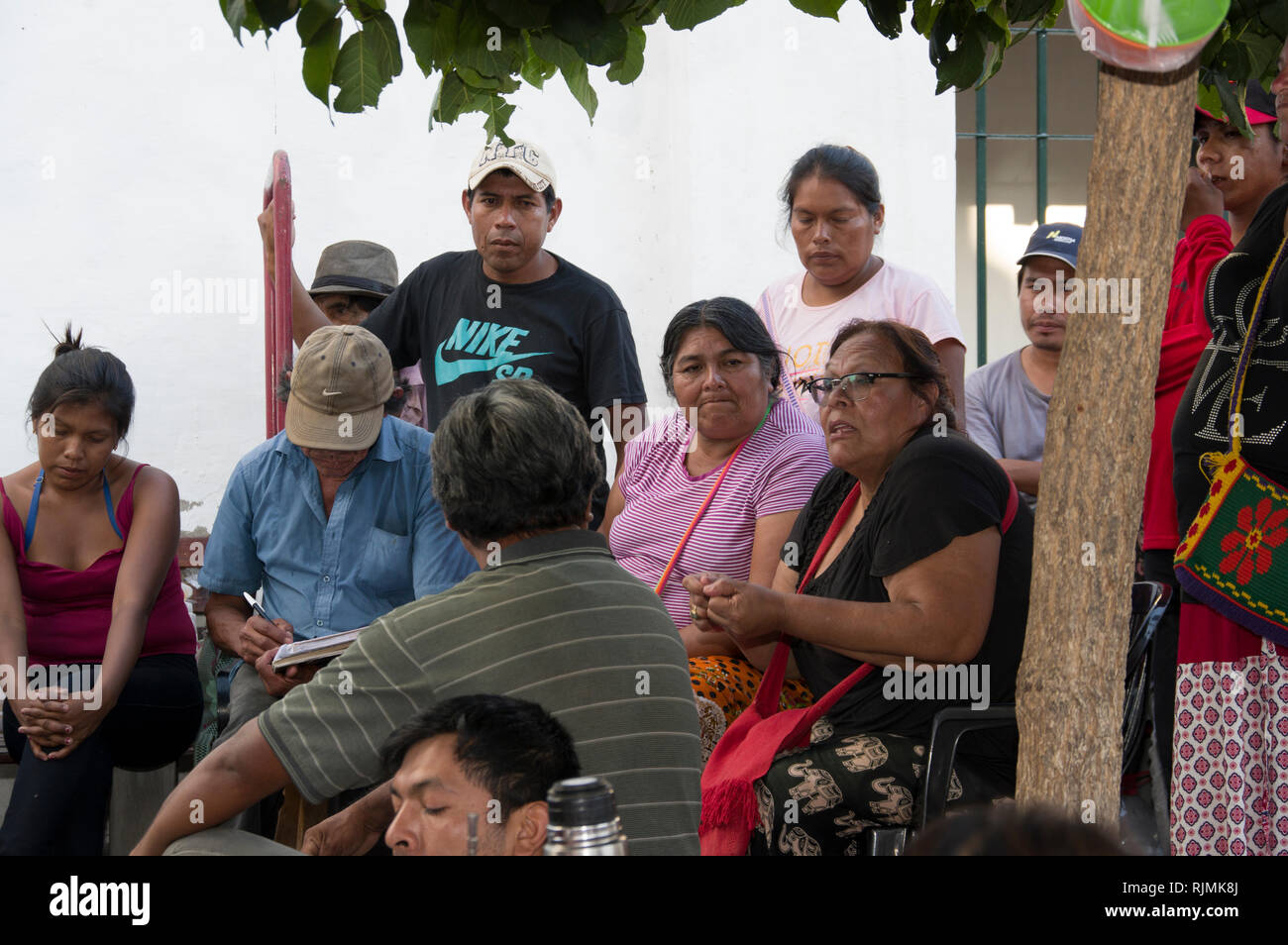 Wichis people in the main square in Salta, Argentina protesting for indigenous people's rights to education in the Wichi language Stock Photo