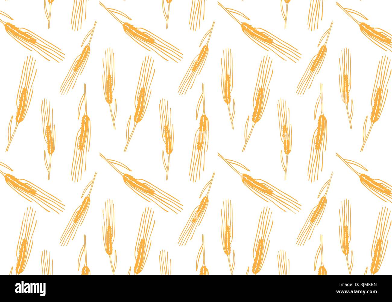 Vector pattern illustration hand drawn spring wheat in orange color. Malt beer background. Autumn harvest. Stock Vector