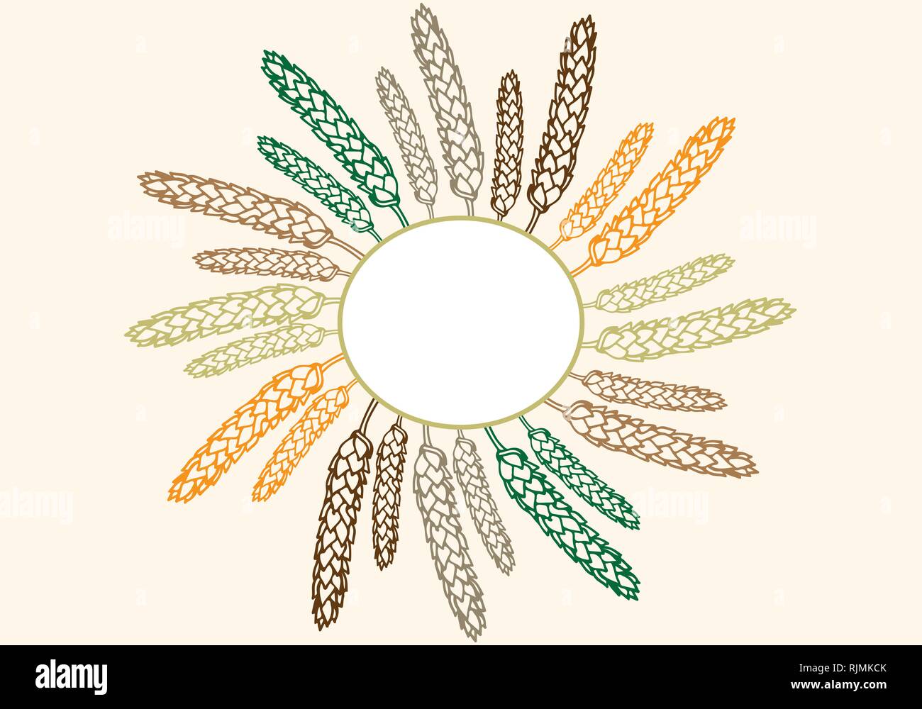 Vector pattern illustration hand drawn spring wheat card template in orange, green, brown, yellow, gray colors palette. Malt beer background. Autumn h Stock Vector