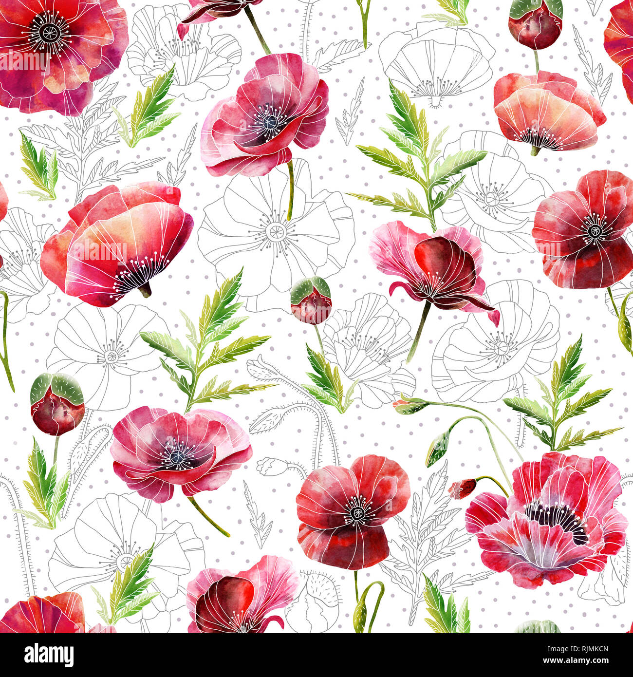 A seamless pattern design consisting of poppy flowers, hand-drawn in watercolor. Realistic painting. Design for wallpaper, textile or wrapping paper.  Stock Photo