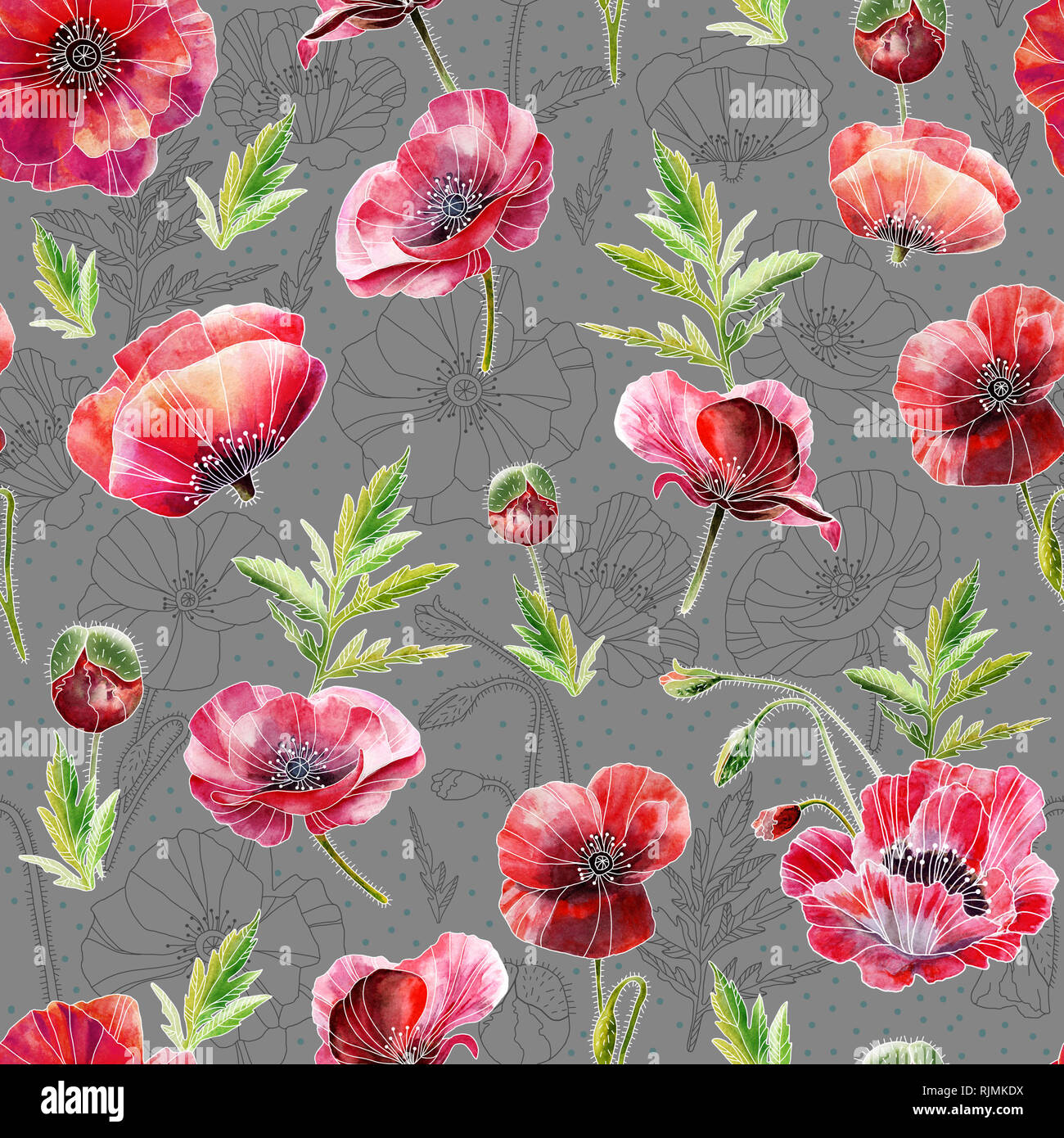 A seamless pattern design consisting of poppy flowers, hand-drawn in watercolor. Realistic painting. Design for wallpaper, textile or wrapping paper.  Stock Photo