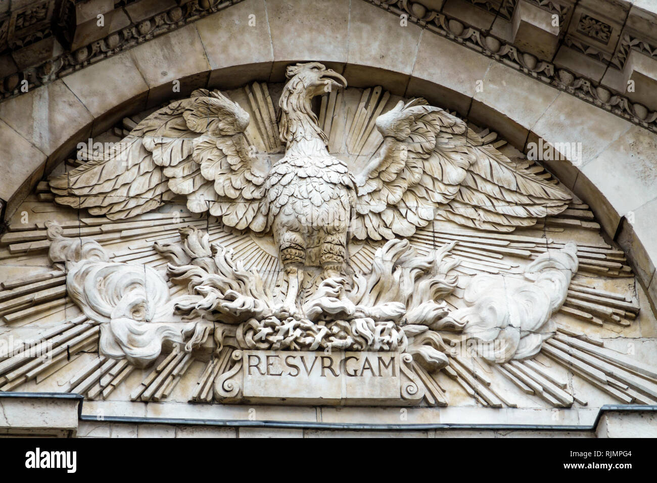 United Kingdom Great Britain England City of London Paternoster architectural ornamental sculpture phoenix statue mythology Latin word Resurgam Stock Photo