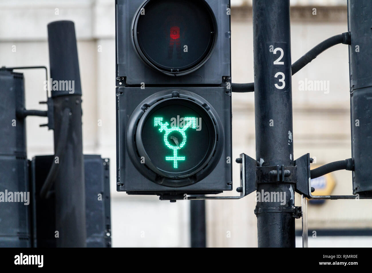 United Kingdom Great Britain England London Trafalgar Square pedestrian crossing light gender symbol Transports of London gay pride light transg Stock Photo