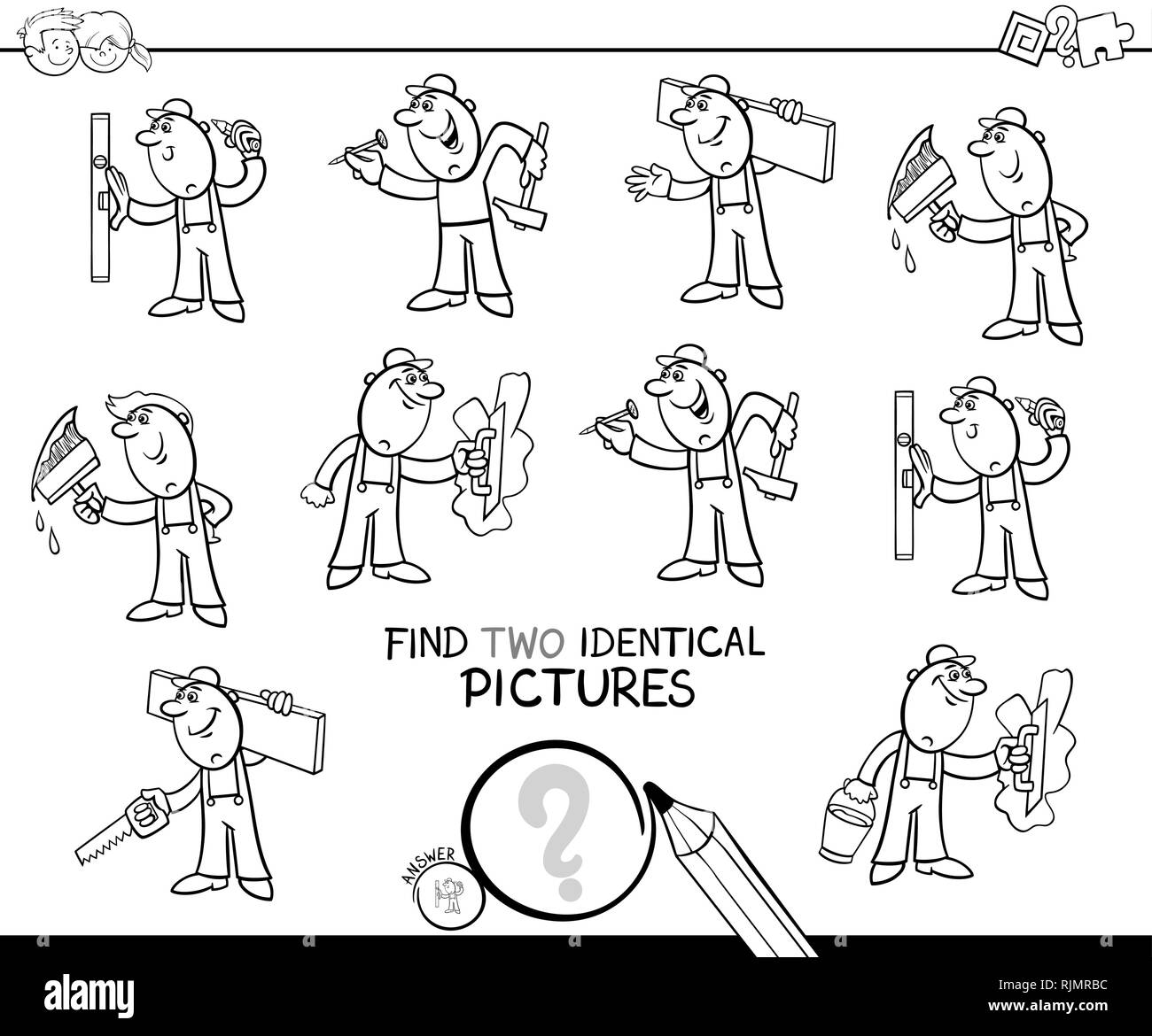 https://c8.alamy.com/comp/RJMRBC/black-and-white-cartoon-illustration-of-finding-two-identical-pictures-educational-game-for-childen-with-funny-workers-and-builders-at-work-coloring-b-RJMRBC.jpg