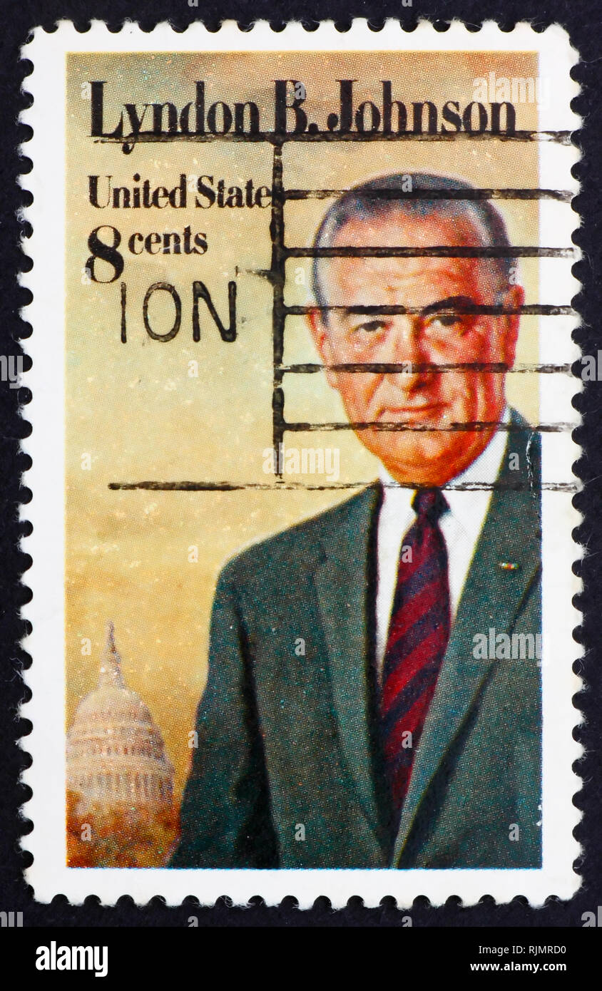 UNITED STATES OF AMERICA - CIRCA 1973: a stamp printed in the United States of America shows Lyndon B. Johnson, 36th President, circa 1973 Stock Photo