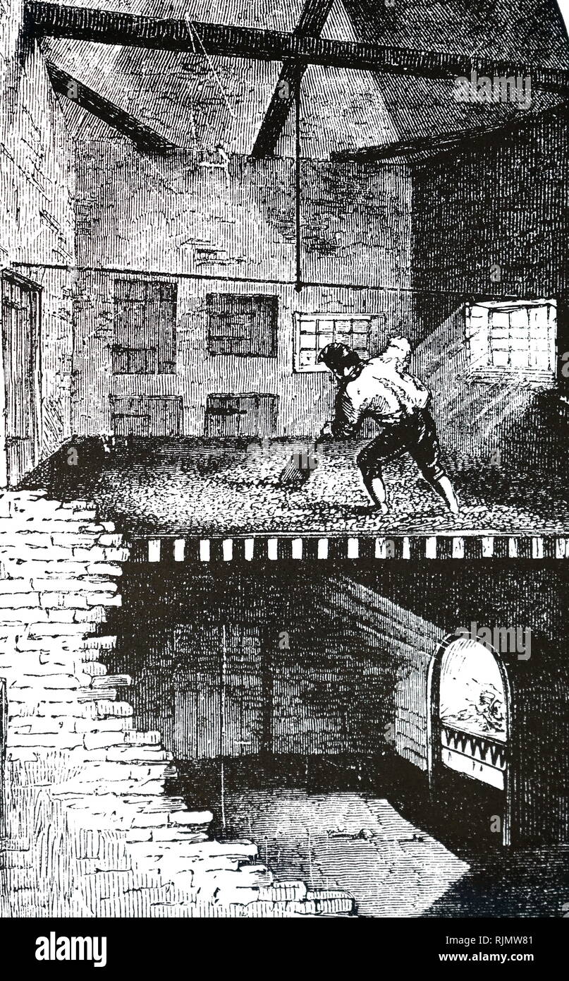 An engraving depicting a Malting kiln, in which the germination of barley was halted. Barley was spread on floor (centre) after steeping and sprouting, and a fire lit in the furnace beneath. 1866 Stock Photo