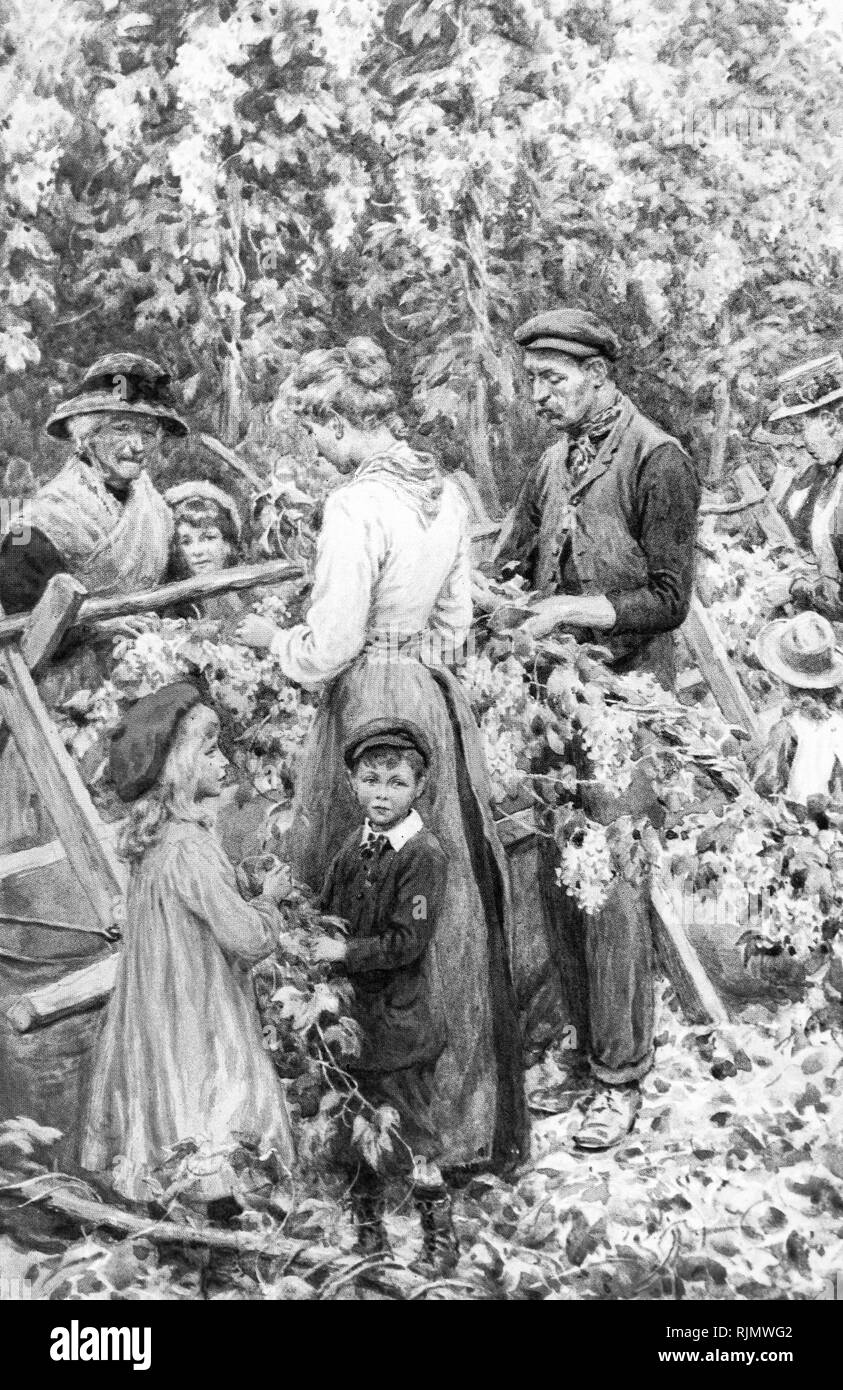 An engraving depicting families from London's East End, on their annual hop picking holiday, in Kent. 1910 Stock Photo