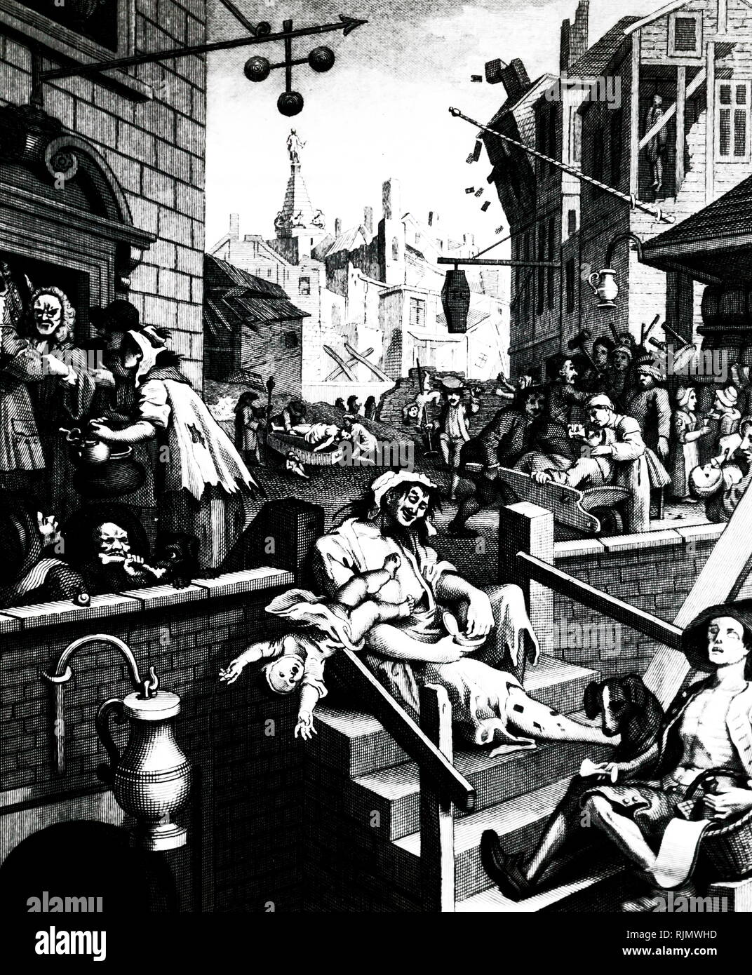 Engraved An engraving 'Gin Lane' by William Hogarth (1697-1764), showing the evils of unbridled drinking of spirits. Drinking eased the miseries of poverty, but worsened rather than improved the affliction. Stock Photo