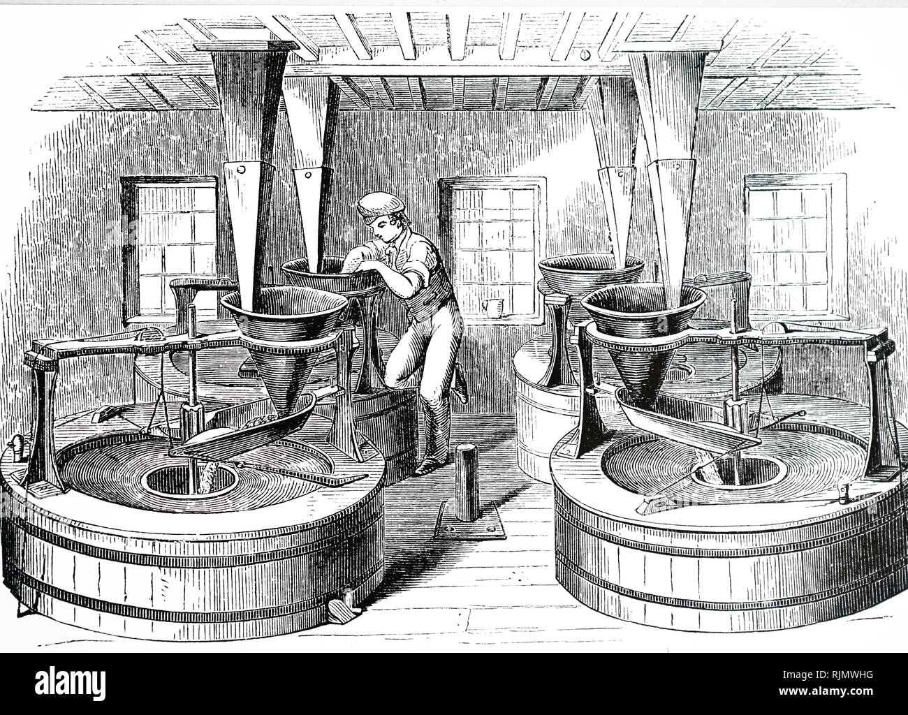 An engraving depicting the boiling and crushing of grain in a mash tun