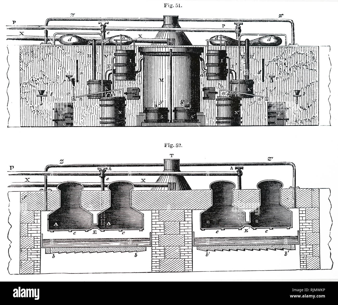 An engraving depicting an elevation and sectional view, of Solimani's distilling apparatus (1801) which consisted of two pairs of stills. 1860 Stock Photo