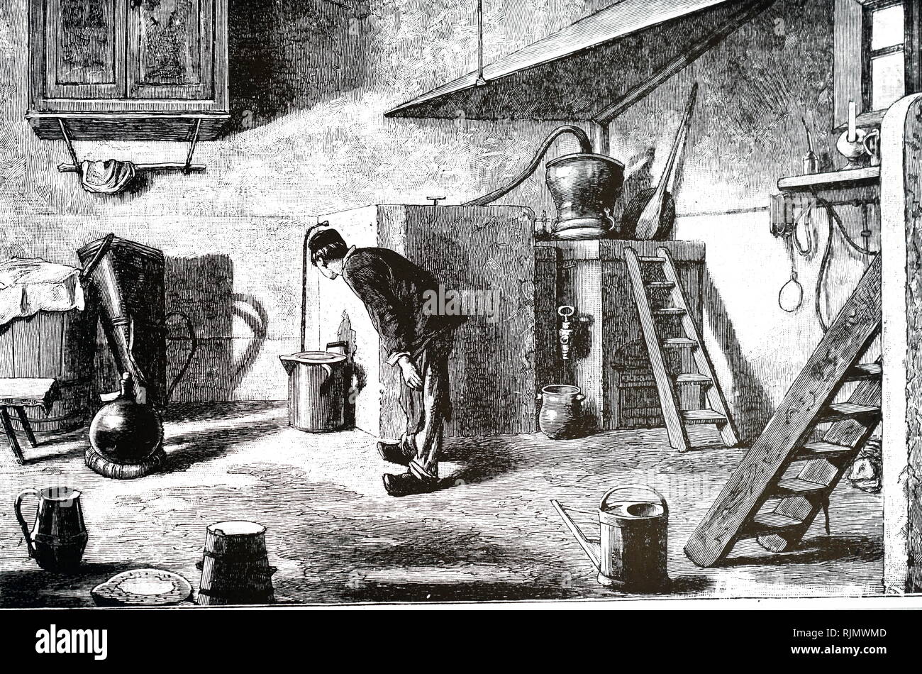 An engraving depicting the distillation of Kirsch (kirshwasser) a clear