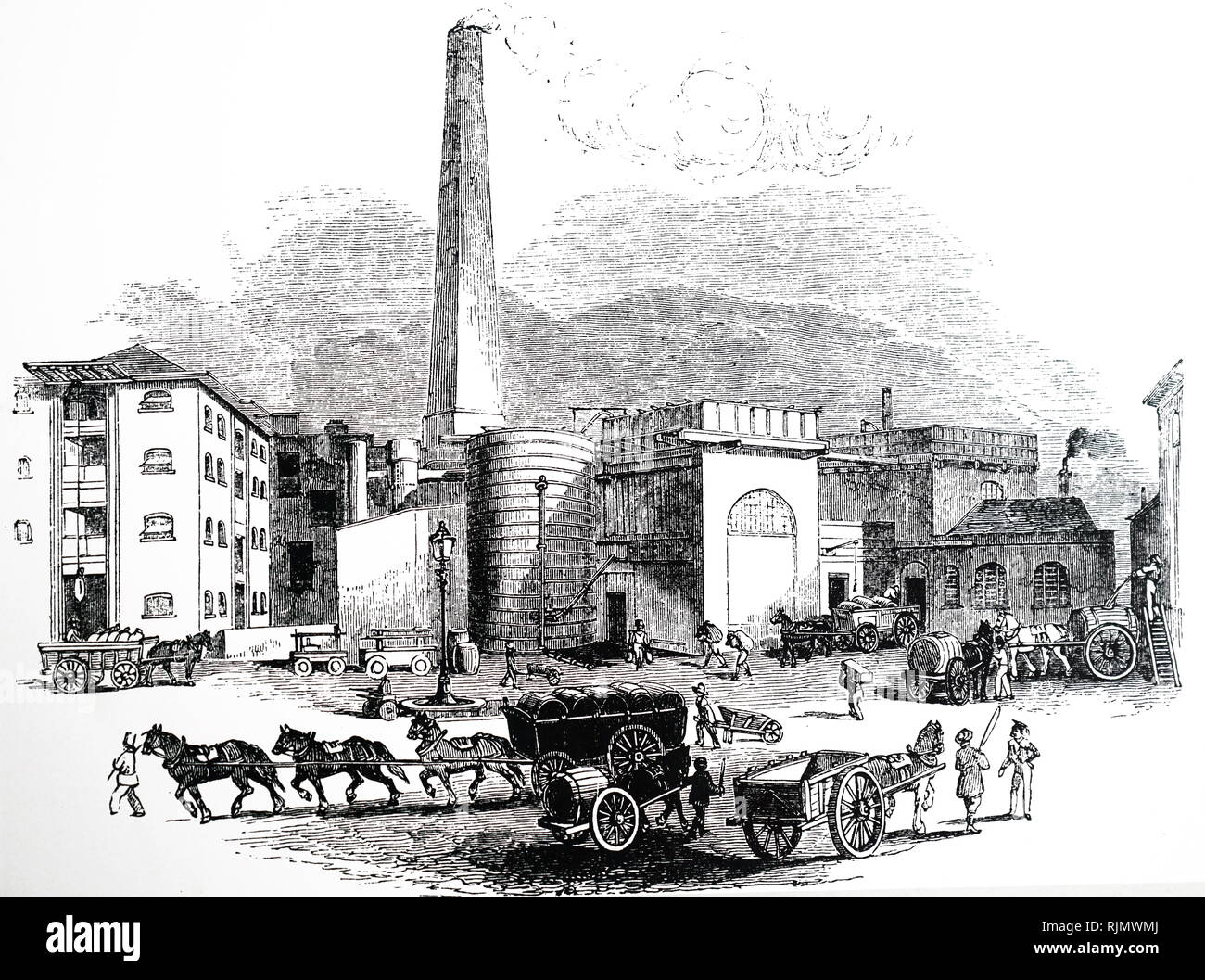 An engraving depicting Octavius Smith & Co's distillery Thames Bank, London. The design for the chimney was inspired by Cleopatra's Needle. 1842 Stock Photo