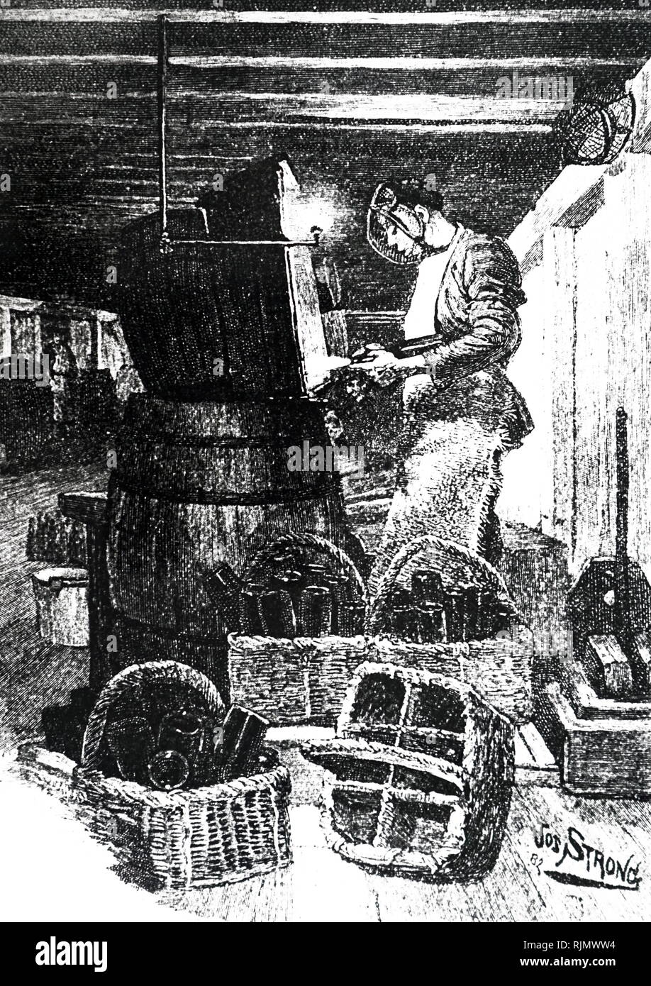 An engraving depicting the of bottles Champagne cellars