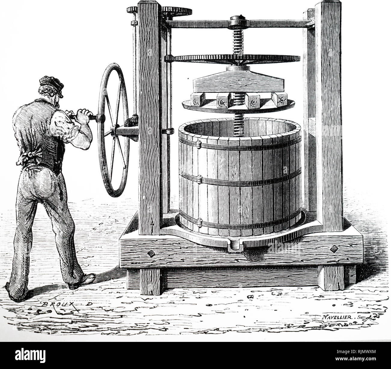 An engraving depicting Press for crushing grapes, used in the Medoc and Cognac regions, France 1870 Stock Photo