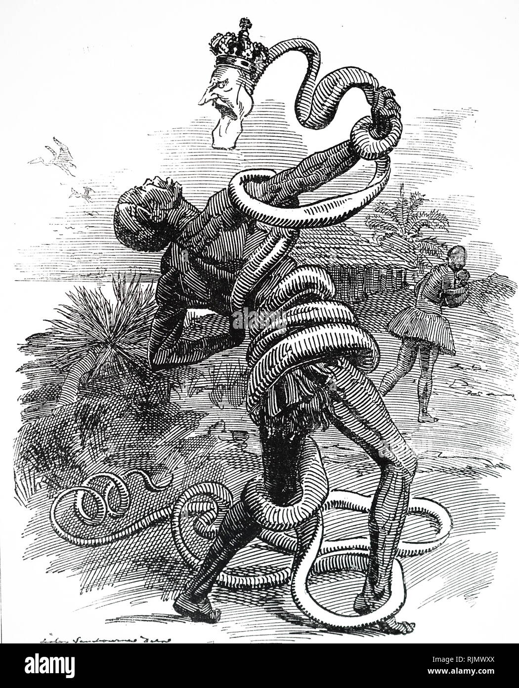 Cartoon from Punch, 1906, showing Leopold II of Belgium (1835-1909), squeezing his subjects in the Congo Free State (now Democratic Republic of Congo) to death. After exposure of exploitation of local labour, in 1908 Belgium annexed the territory and conditions improved slightly from when it was under Leopold י s personal rule and it was known as the Belgian Congo until independence. Stock Photo