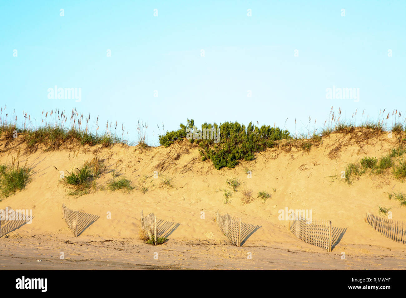 Beach fences and sand, Outer Banks in North Carolina, NC, USA Stock