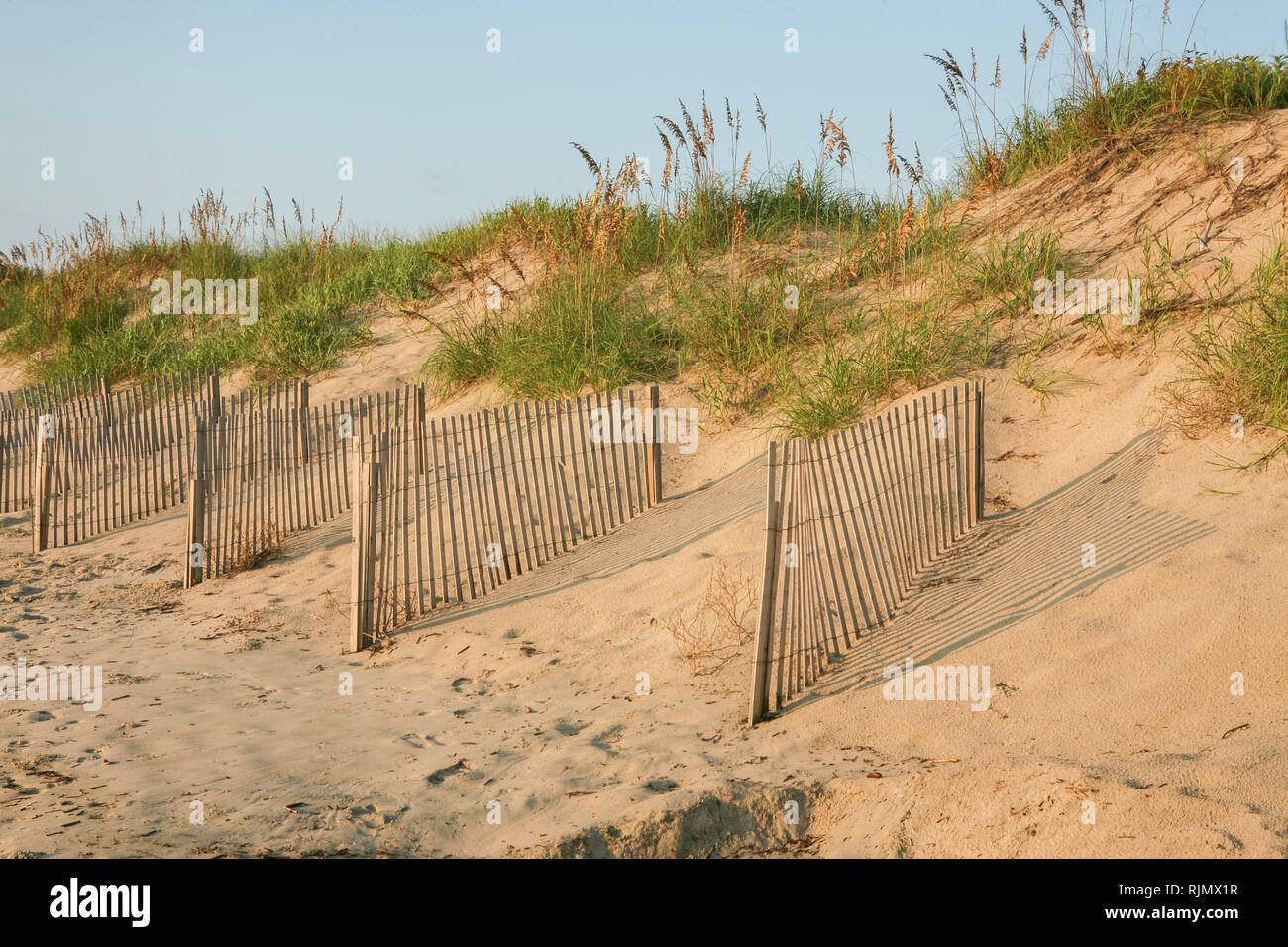 Beach fences and sand, Outer Banks in North Carolina, NC, USA. Stock Photo