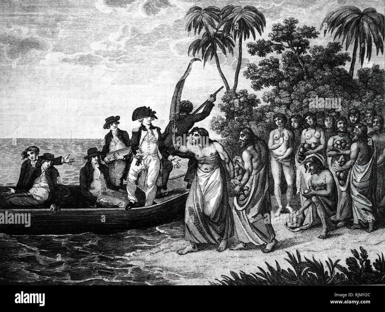 An engraving depicting Captain James Cook landing in the Friendly Islands and being brought gifts of BREADFRUIT. From Captain Cooks Original Voyages Round the World, Woodbridge, (ca 1815) Stock Photo