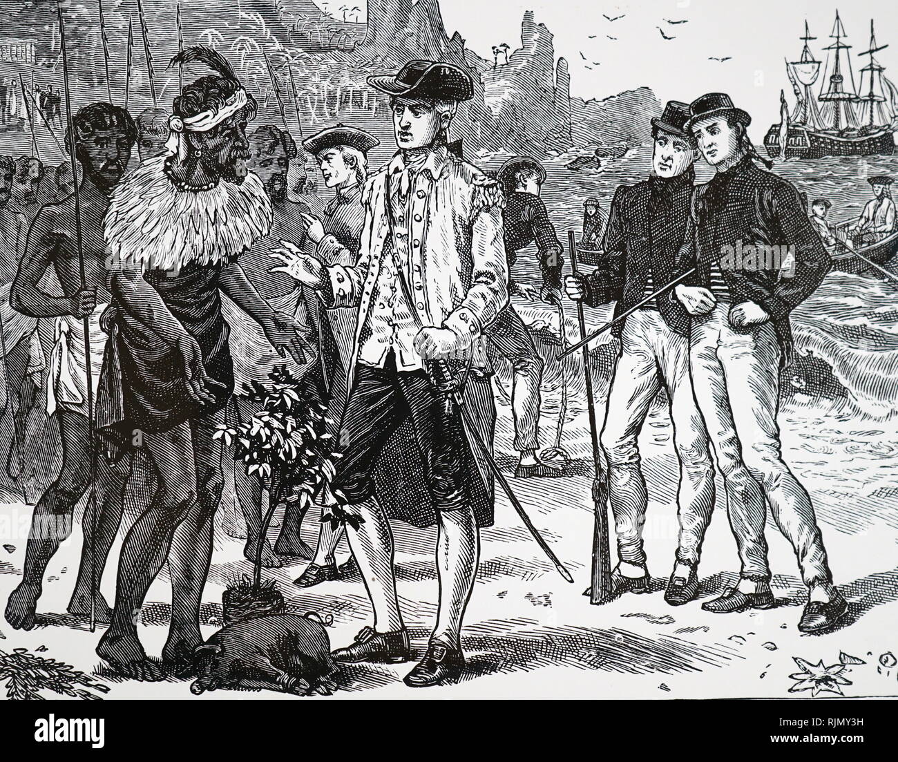 An engraving depicting The crew of HMS Bounty , landing on Otaheiti (Tahiti) and being presented with gifts of a small pig and a plantain, 1788. The purpose of William Bligh's voyage in HMS.Bounty,(1788) was to col1ect, Breadfruit plants from Otaheite (Tahiti) in the Pacific islands so that they could be grown in the West Indi es as a cheap source of food for Slaves. 1815 Stock Photo