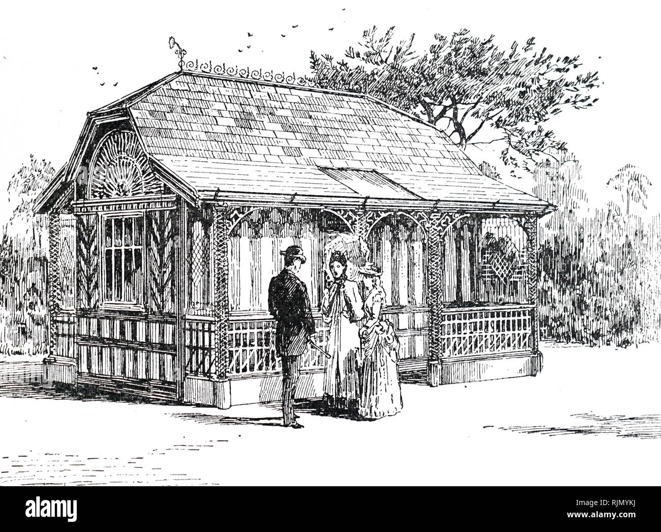 An engraving depicting a bungalow shown at the Manchester Exhibition of ...
