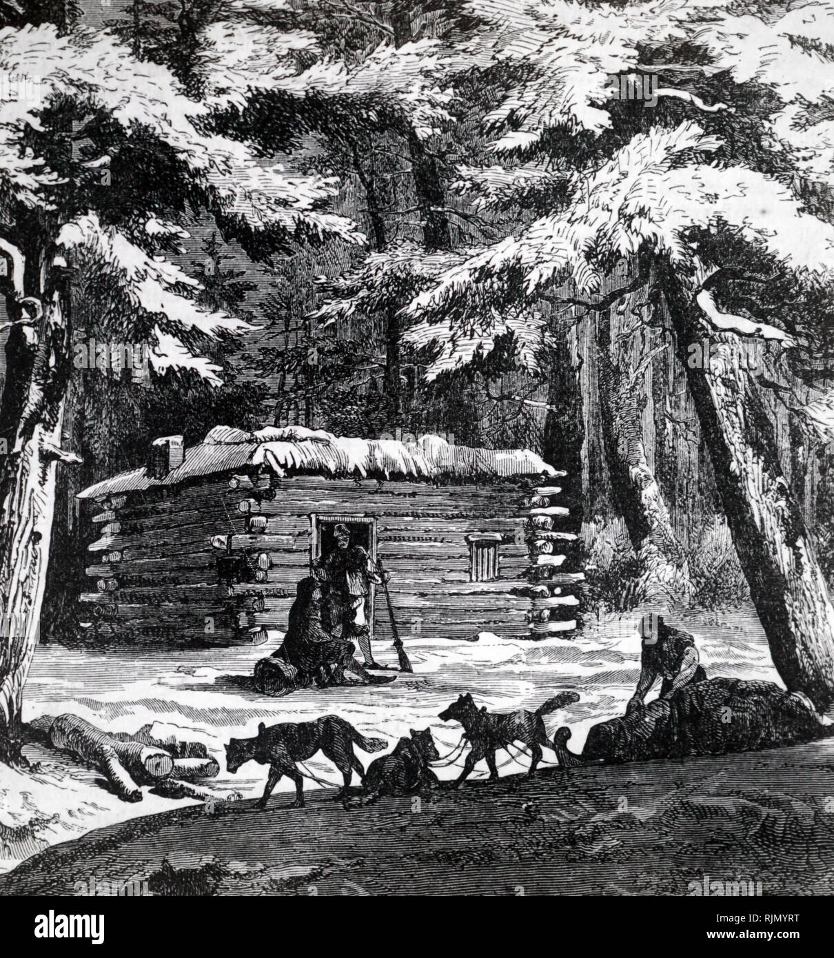 An engraving depicting a typical settler's wood cabin in Kansas. Dated