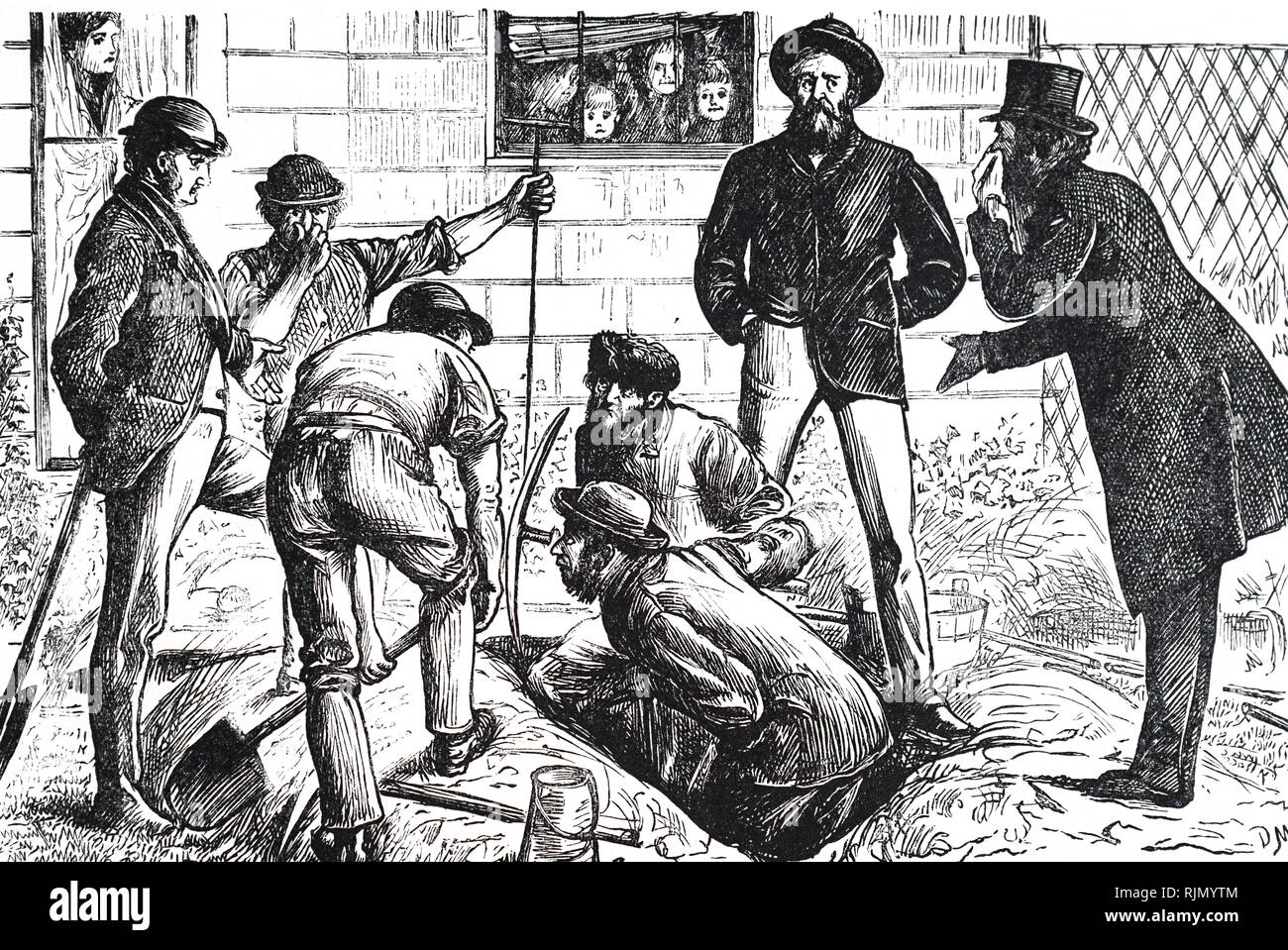 Illustration showing a group of building labourers carrying out drainage repairs to a jerry built home.  The result of rapid urban expansion and Jerry-building. George du Maurier Cartoon; 1871 Stock Photo