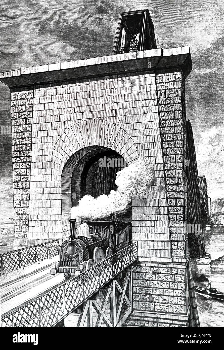 Illustration showing Train Crossing the Forth Rail Bridge, Scotland. 1889 Stock Photo