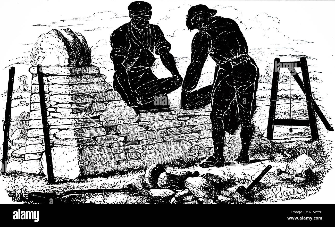 Illustration showing workmen building a dry stone wall. 1855 Stock Photo