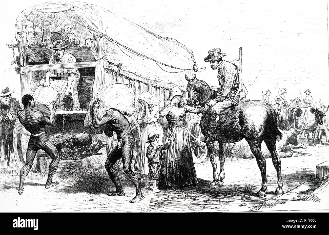 Illustration showing Unrest in Bechuianaland (Botswana): Boers levying unlawful duties on trader's Wagons. Cecil Rhodes helped secure much of Bechuanaland for Britain, in opposition to the Transvaal Republic. During the Scramble for Africa the territory of Botswana was coveted by both Germany and Great Britain. During the Berlin Conference, Britain decided to annex Botswana in order to safeguard the Road to the North and thus connect the Cape Colony to its territories further north. It unilaterally annexed Tswana territories in January 1885 Stock Photo