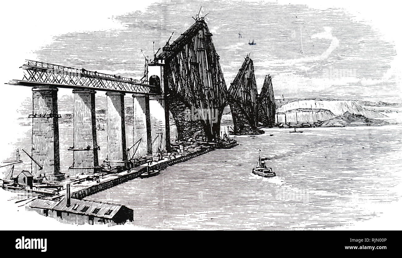 Illustration showing View of the Forth bridge, Scotland, 1889 Stock Photo