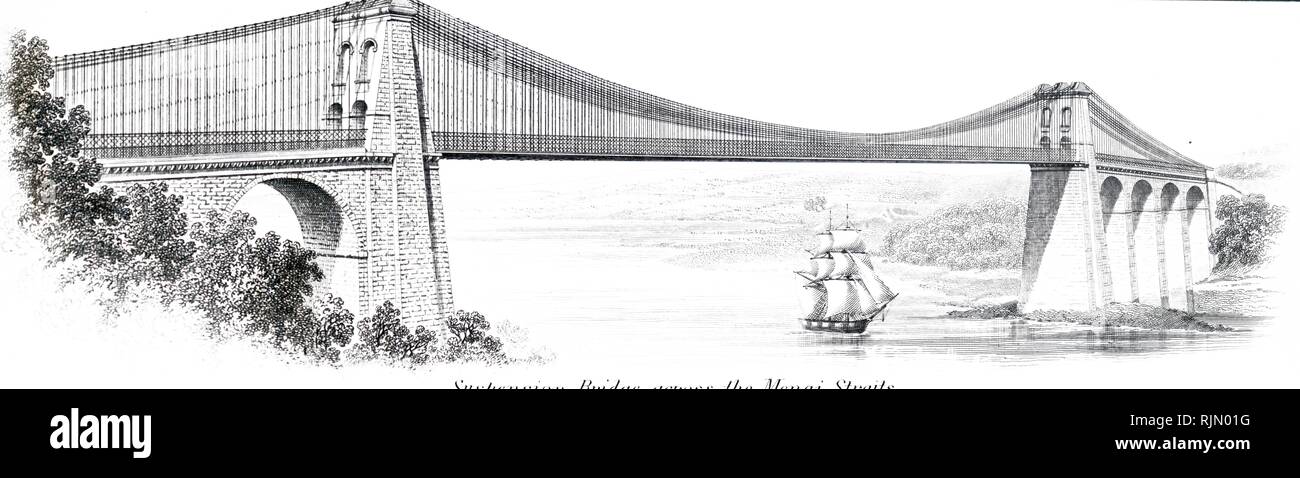 Illustration showing Telford's Menai suspension bridge. Detail from an undated broadsheet. Stock Photo